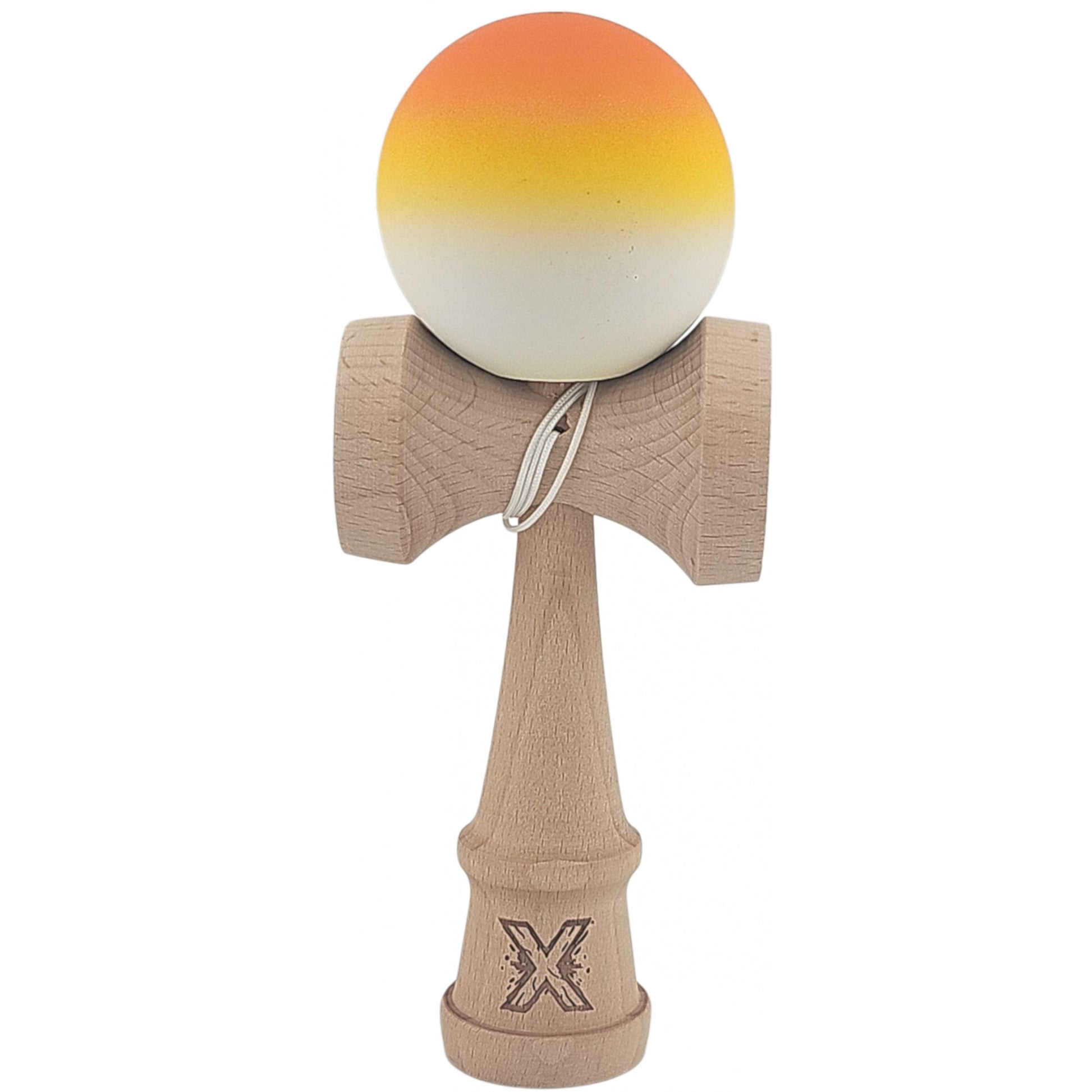 Kendama X Originala, Profesionala, Klevo, din Lemn, Rubber Grip, 18 cm, Gradient Portocaliu/Galben/Alb