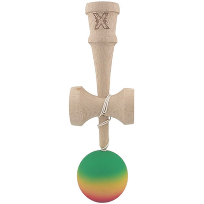 Kendama X Originala, Profesionala, Klevo, din Lemn, Rubber Grip, 18 cm, Gradient Verde/Galben/Rosu