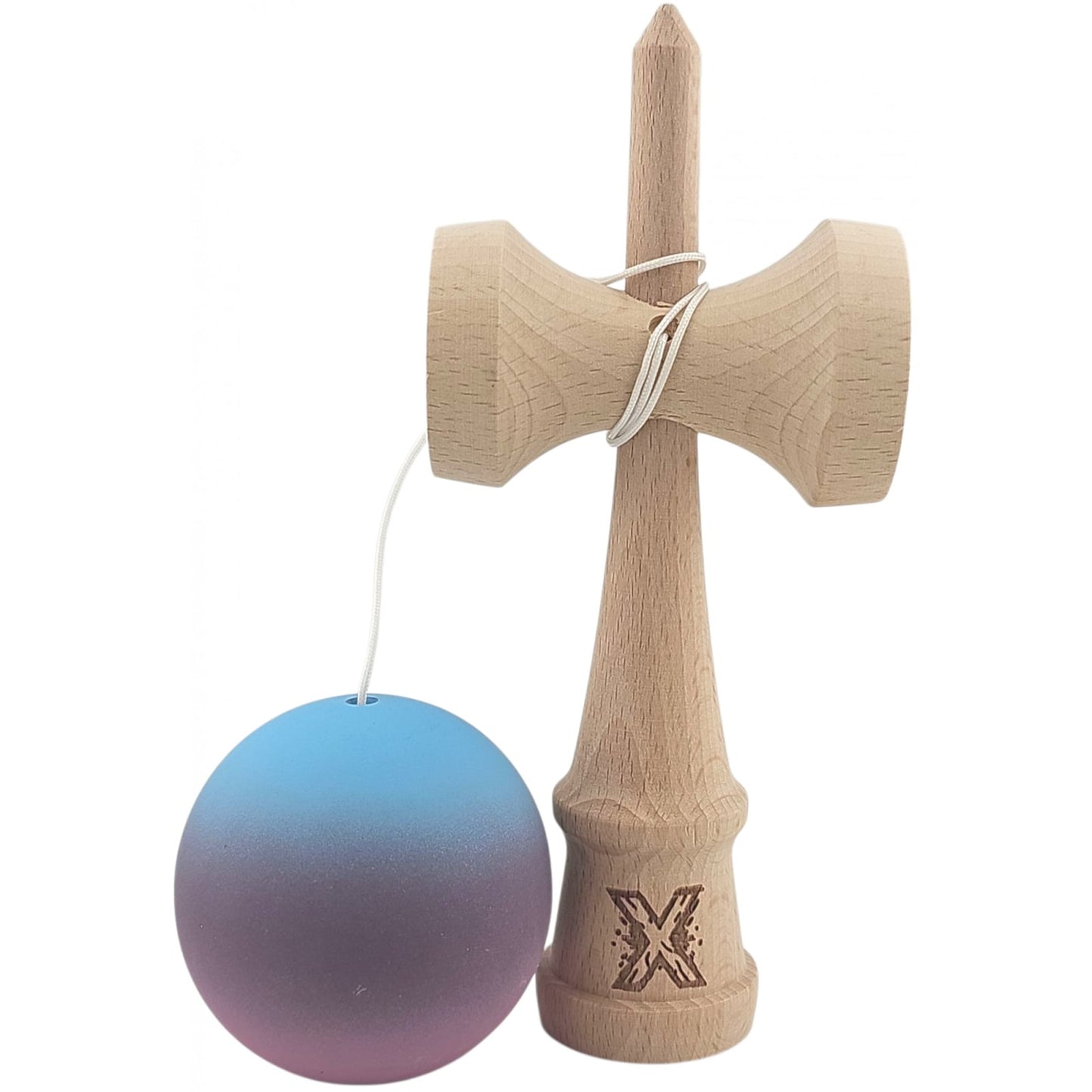 Kendama X Originala, Profesionala, Klevo, din Lemn, 18 cm, Rubber Grip, Gradient Albastru deschis/Mov/Roz