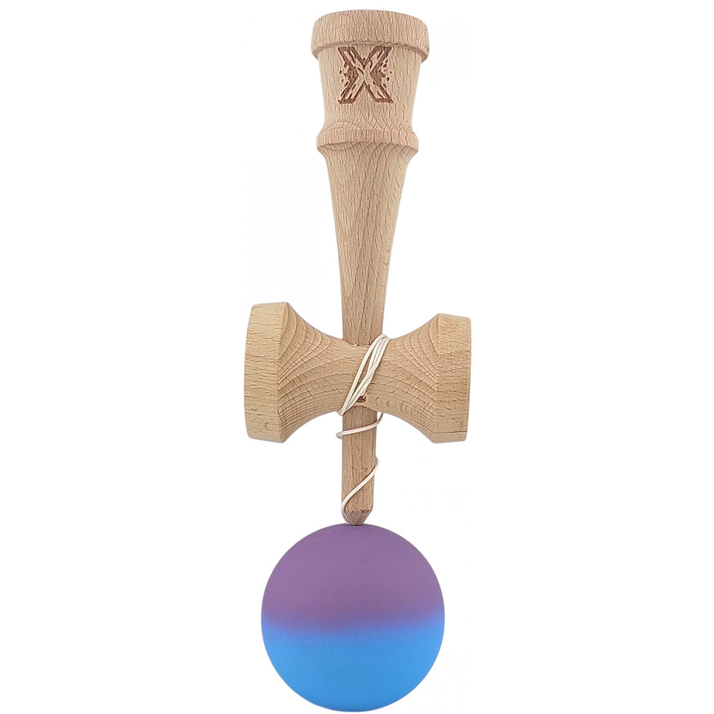 Kendama X Originala, Profesionala, Klevo, din Lemn, Rubber Grip, 18 cm, Gradient Violet/Albastru