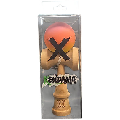 Kendama X Originala, Profesionala, Klevo, Rubber Grip, din Lemn, 18 cm, Roz/Portocaliu/Galben