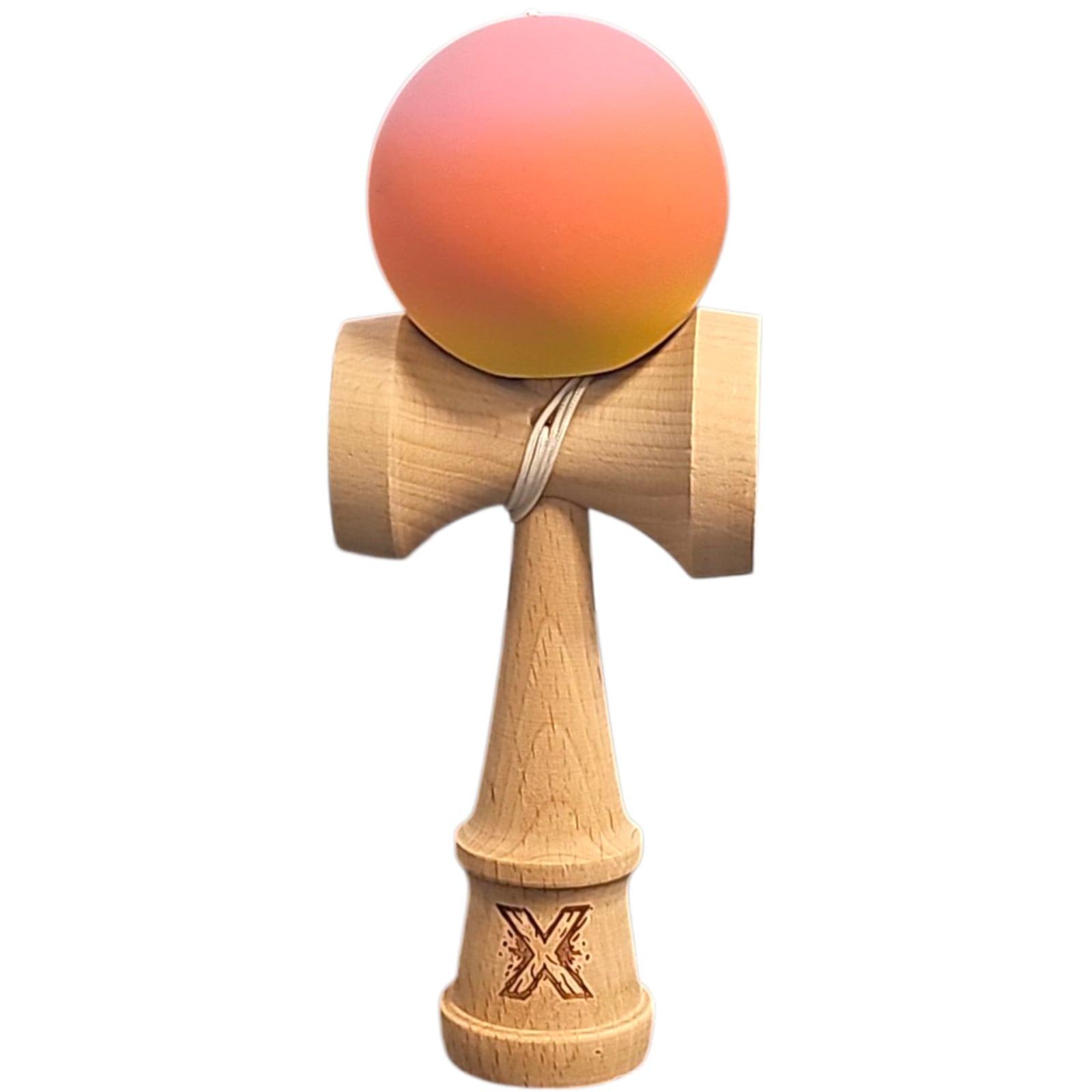 Kendama X Originala, Profesionala, Klevo, Rubber Grip, din Lemn, 18 cm, Roz/Portocaliu/Galben