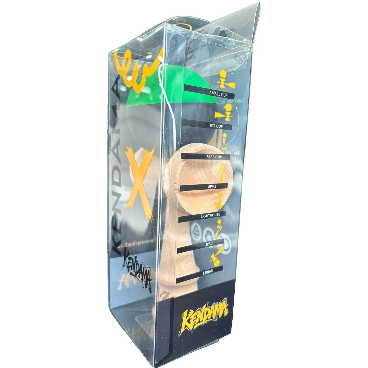 Kendama X Originala, Profesionala, Klevo, 18 cm, din Lemn, Verde/Negru