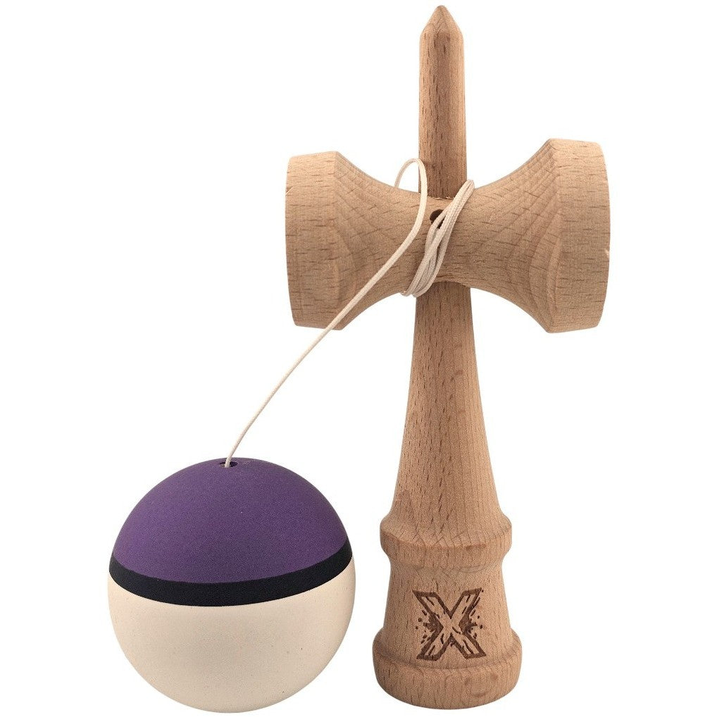 Kendama X Originala, Profesionala, Klevo, din Lemn, Rubber Grip, 18 cm, Mov/Negru/Alb