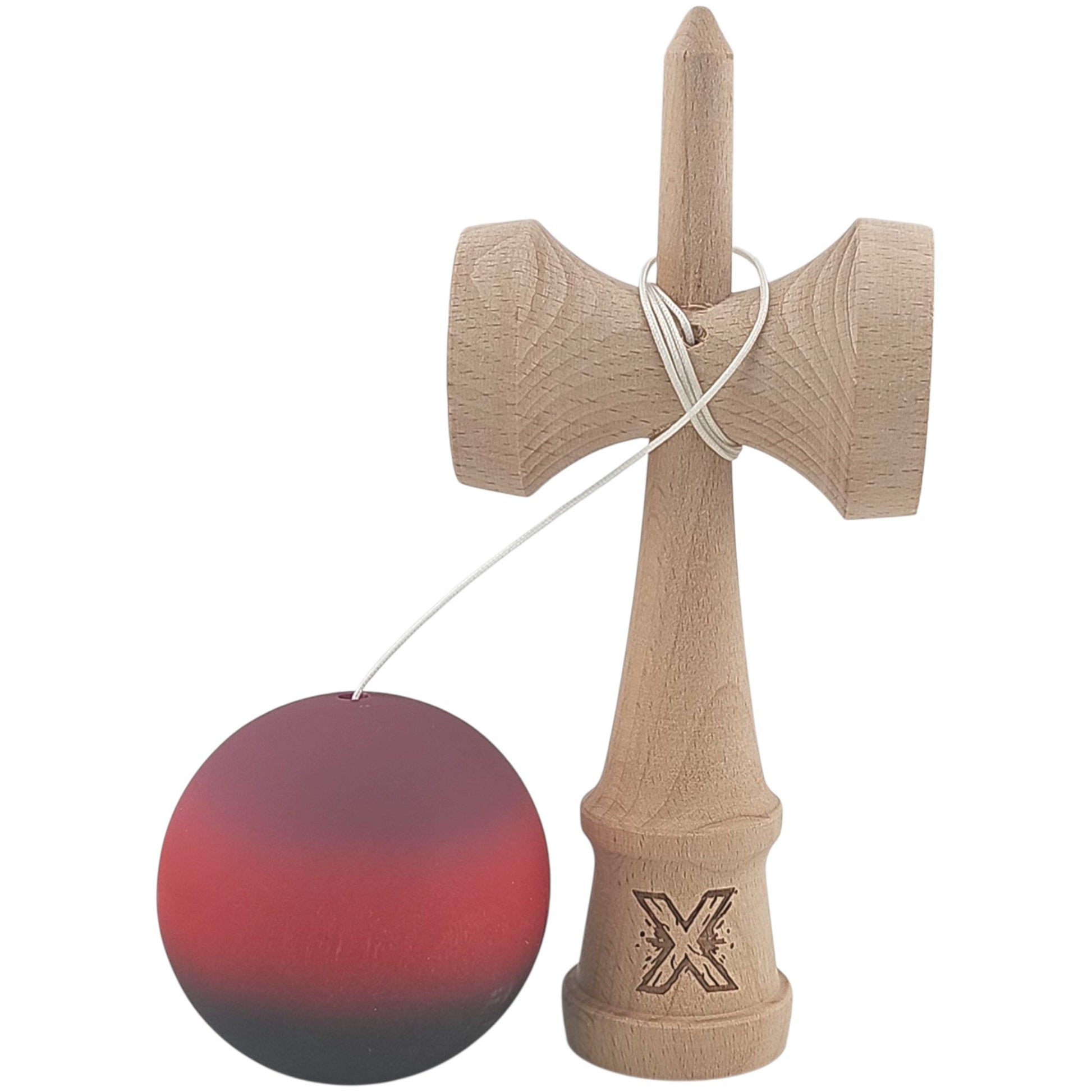 Kendama X Originala, Profesionala, Klevo, din Lemn, Rubber Grip, 18 cm, Mov/Rosu/Negru