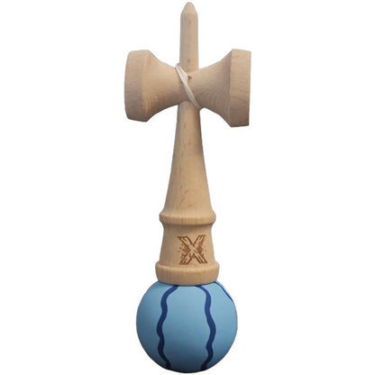 Kendama X Originala, Profesionala, Klevo, Rubber Grip, din Lemn, 18 cm, Albastru deschis