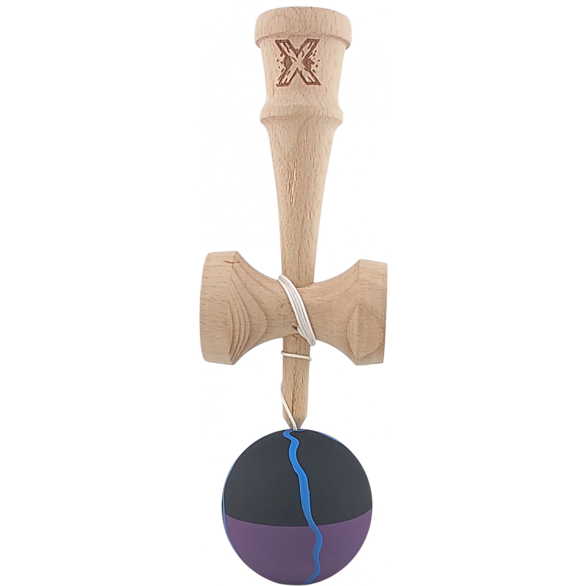 Kendama X Originala, Profesionala, Klevo, din Lemn, Rubber Grip, 18 cm, Negru/Mov/Albastru
