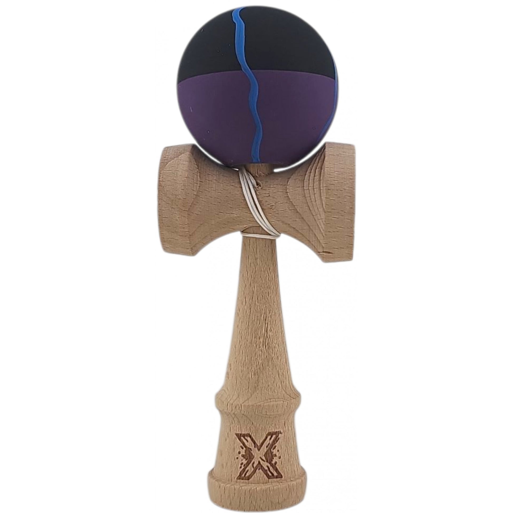 Kendama X Originala, Profesionala, Klevo, din Lemn, Rubber Grip, 18 cm, Negru/Mov/Albastru