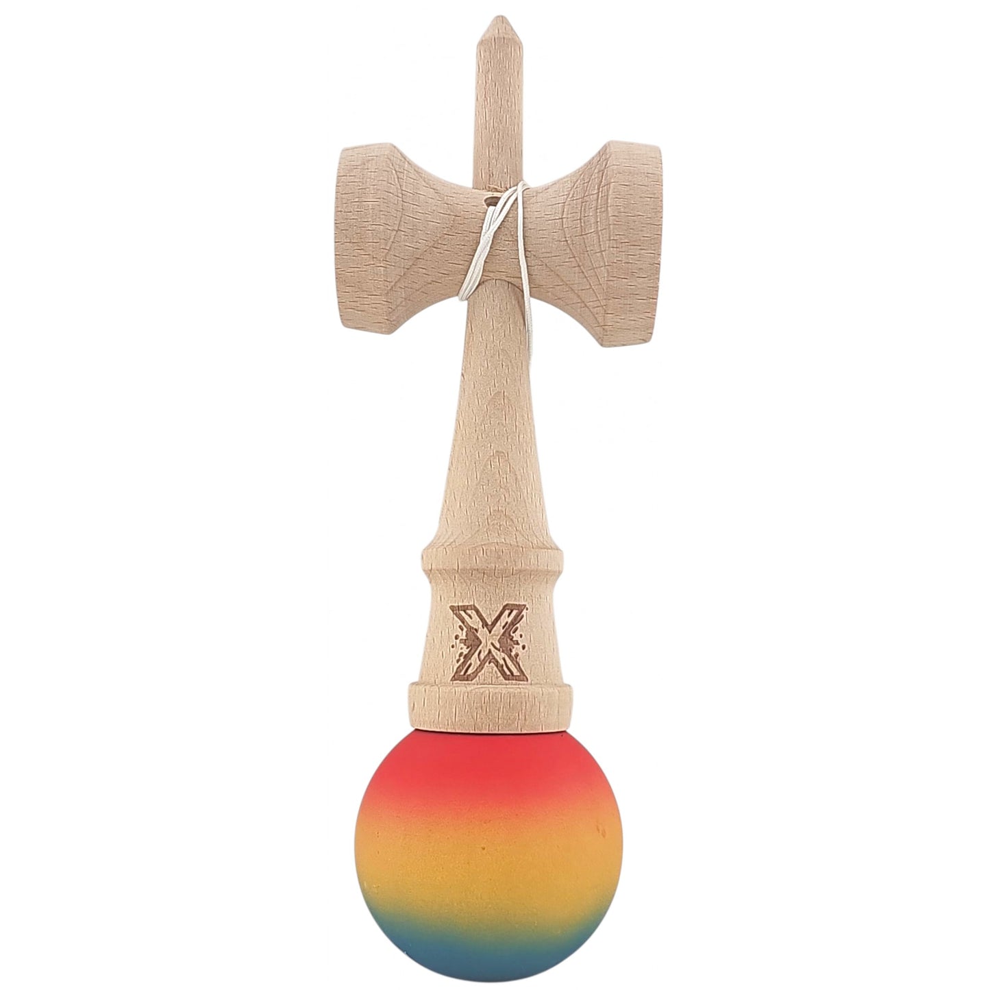 Kendama X Originala, Profesionala, Klevo, din Lemn, Rubber Grip, 18 cm,Rosu/Galben/Albastru