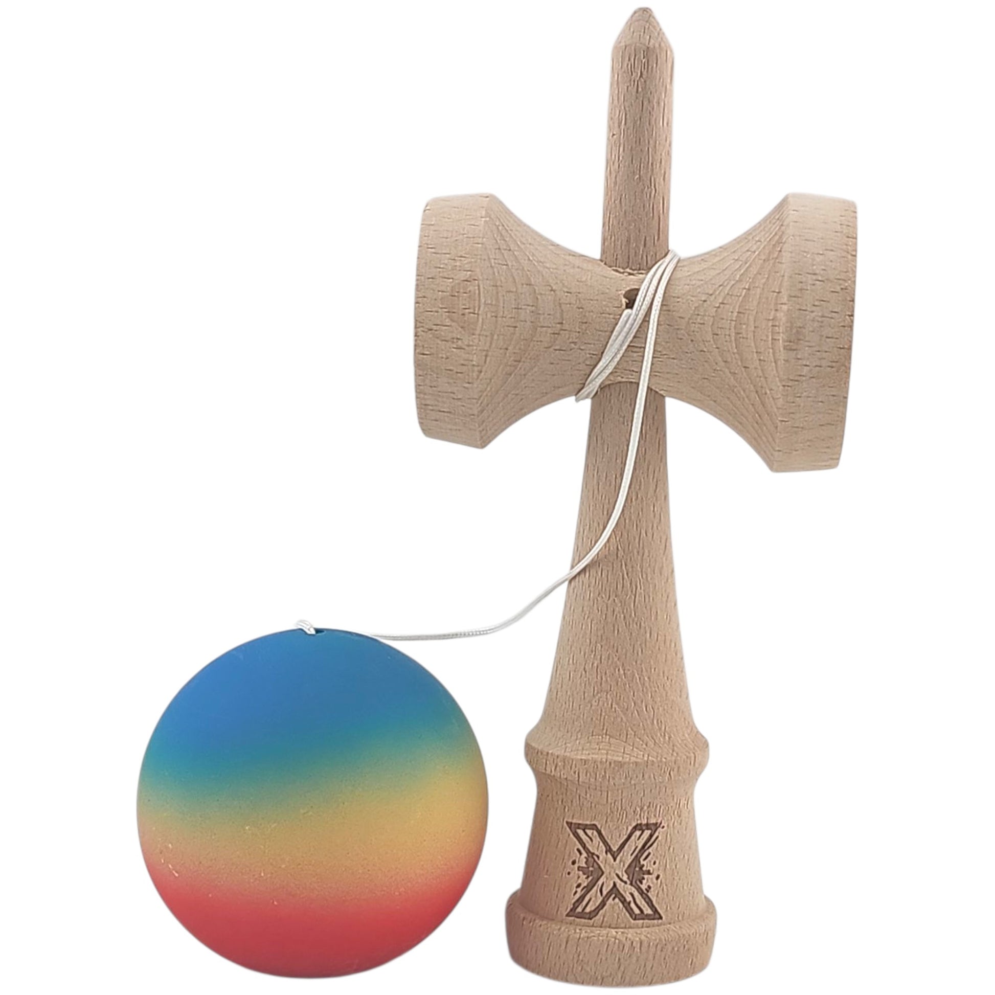 Kendama X Originala, Profesionala, Klevo, din Lemn, Rubber Grip, 18 cm, Rosu/Galben/Albastru
