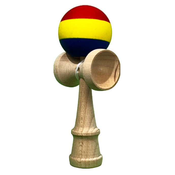 Kendama X Originala, Profesionala, Klevo, din Lemn, Rubber Grip, 18 cm, Rosu/Galben/Albastru