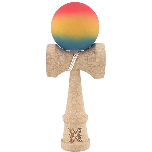Kendama X Originala, Profesionala, Klevo, din Lemn, Rubber Grip, 18 cm,Rosu/Galben/Albastru