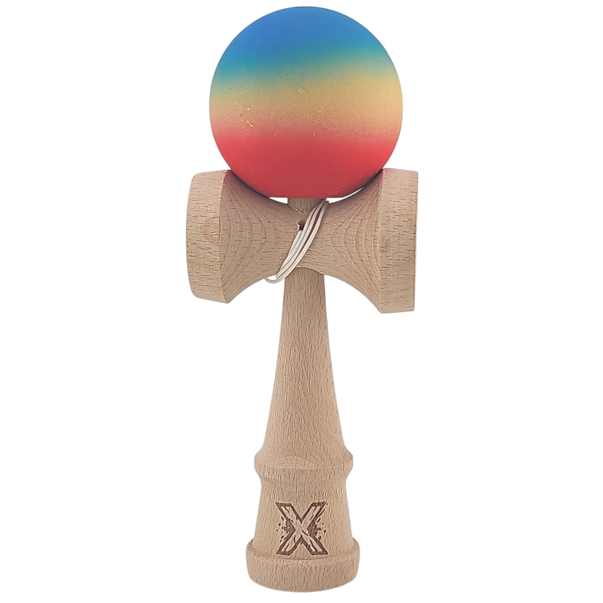 Kendama X Originala, Profesionala, Klevo, din Lemn, Rubber Grip, 18 cm, Rosu/Galben/Albastru