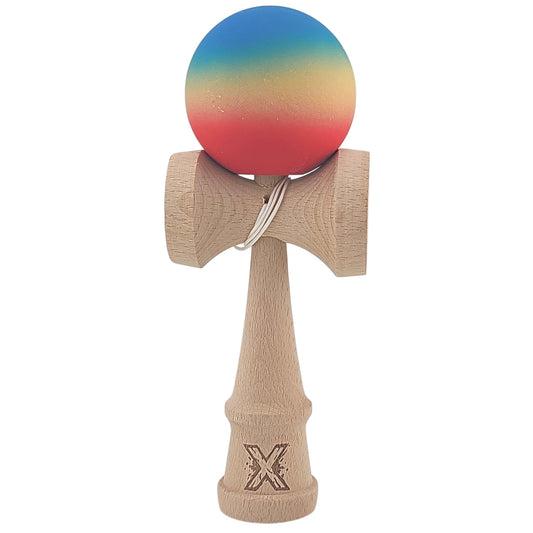 Kendama X Originala, Profesionala, Klevo, din Lemn, Rubber Grip, 18 cm, Rosu/Galben/Albastru