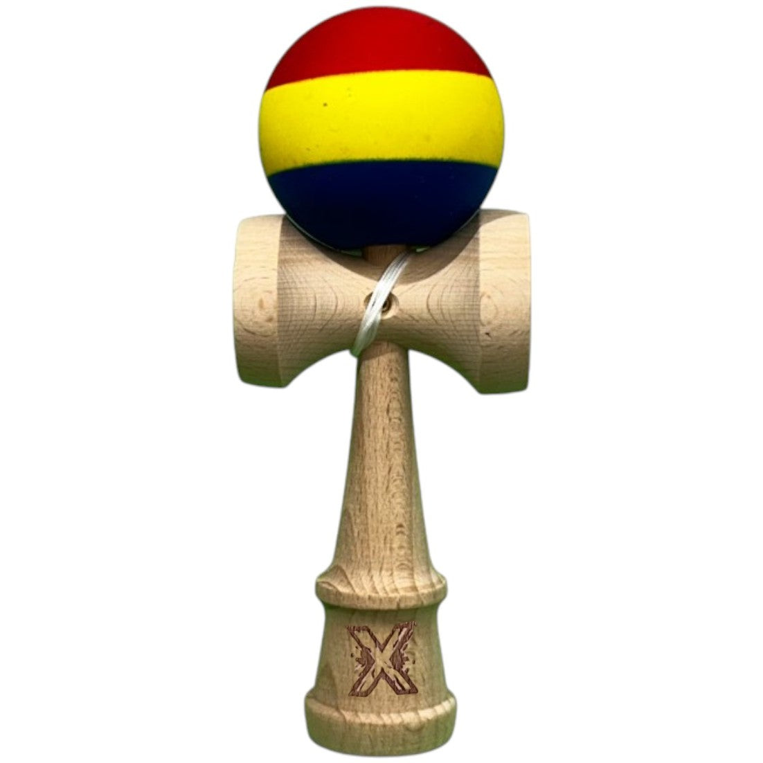 Kendama X Originala, Profesionala, Klevo, din Lemn, Rubber Grip, 18 cm, Rosu/Galben/Albastru