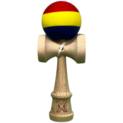 Kendama X Originala, Profesionala, Klevo, din Lemn, Rubber Grip, 18 cm, Rosu/Galben/Albastru