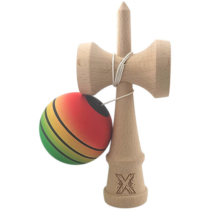 Kendama X Originala, Profesionala, Klevo, din Lemn, Rubber Grip, 18 cm, Rosu/Galben/Verde