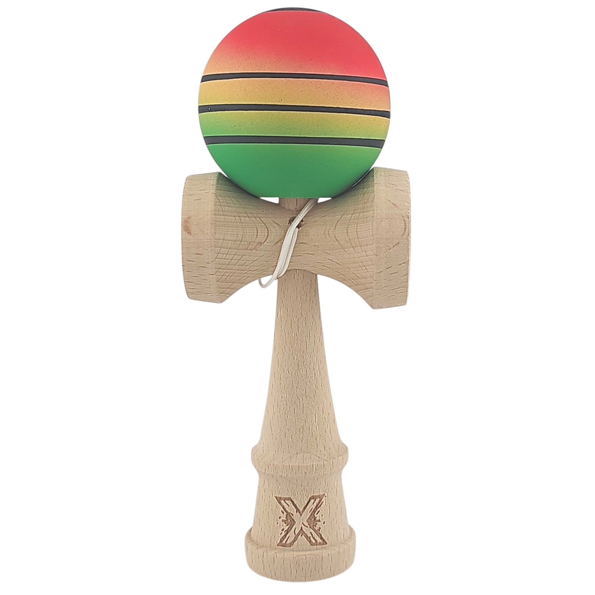 Kendama X Originala, Profesionala, Klevo, din Lemn, Rubber Grip, 18 cm, Rosu/Galben/Verde
