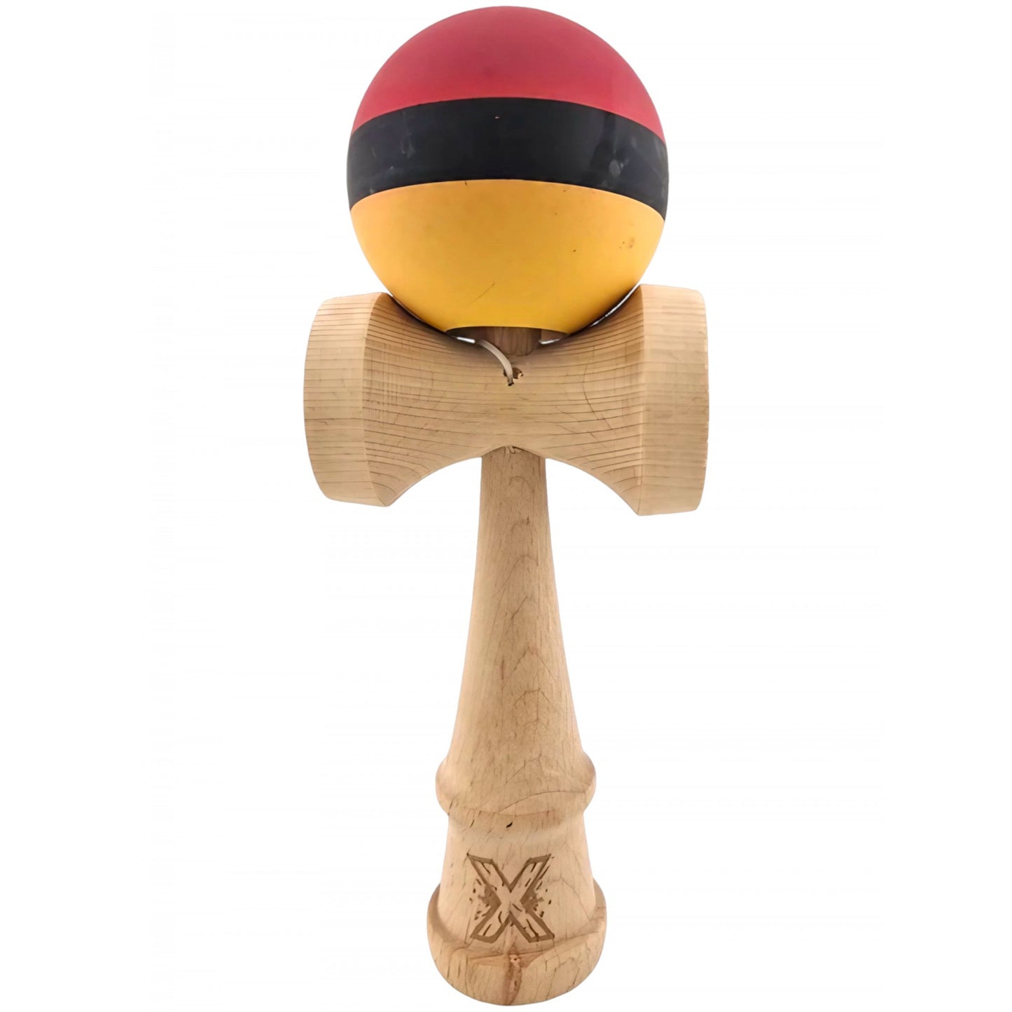 Kendama X Originala, Profesionala, Klevo, din Lemn, Rubber Grip, 18 cm, Rosu/Negru/Galben