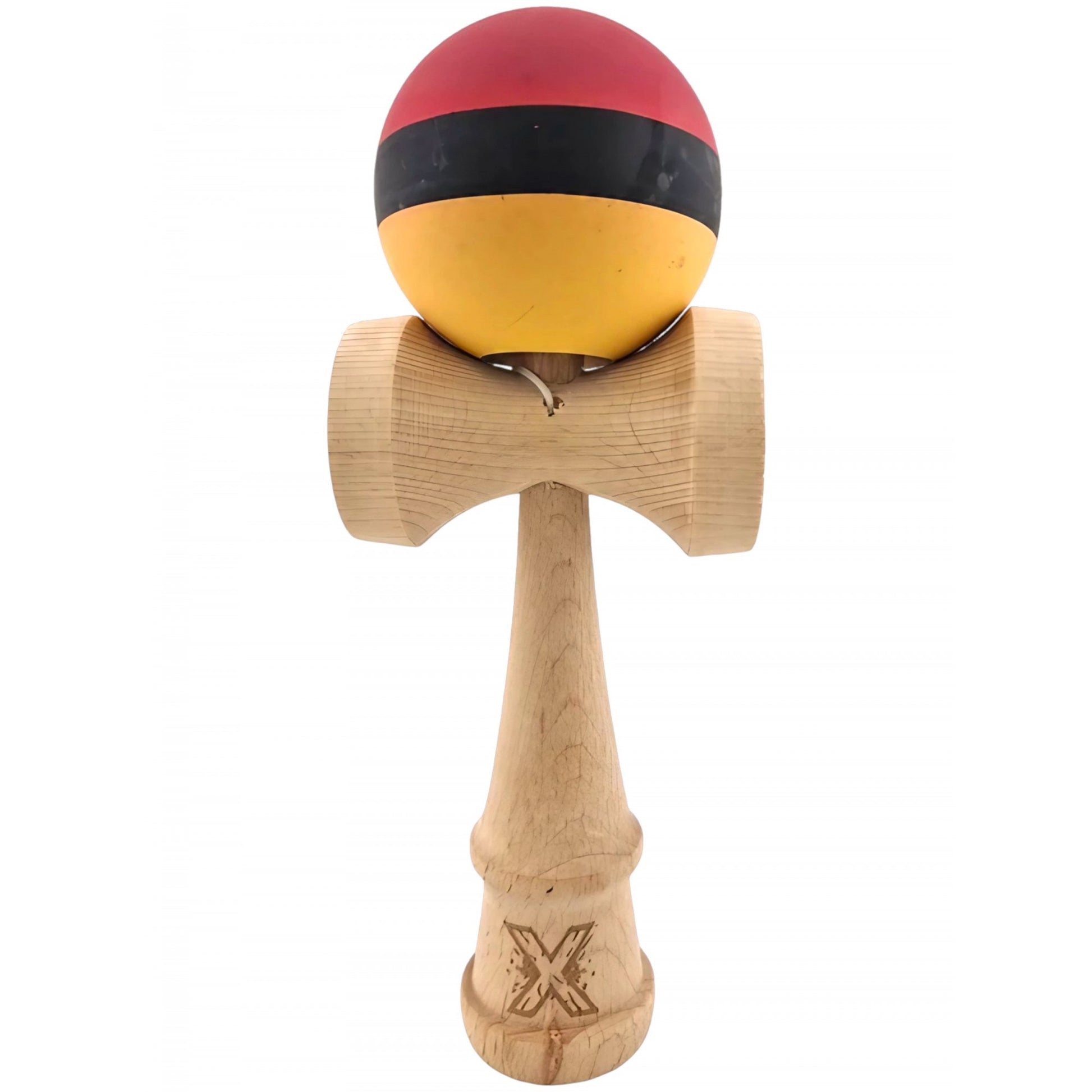 Kendama X Originala, Profesionala, Klevo, din Lemn, Rubber Grip, 18 cm, Rosu/Negru/Galben
