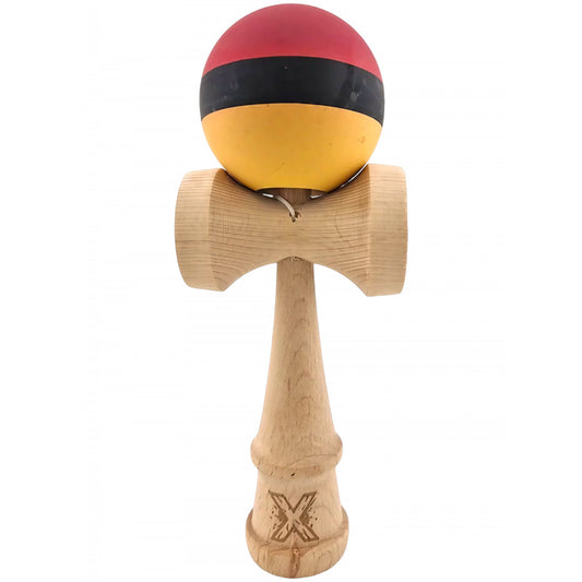 Kendama X Originala, Profesionala, Klevo, din Lemn, Rubber Grip, 18 cm, Rosu/Negru/Galben