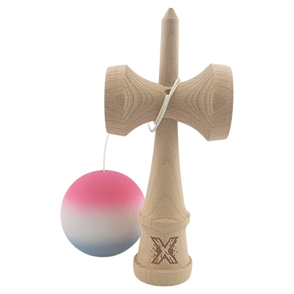 Kendama X Originala, Profesionala, Klevo, din Lemn, Rubber Grip, 18 cm, Roz/Alb/Gri