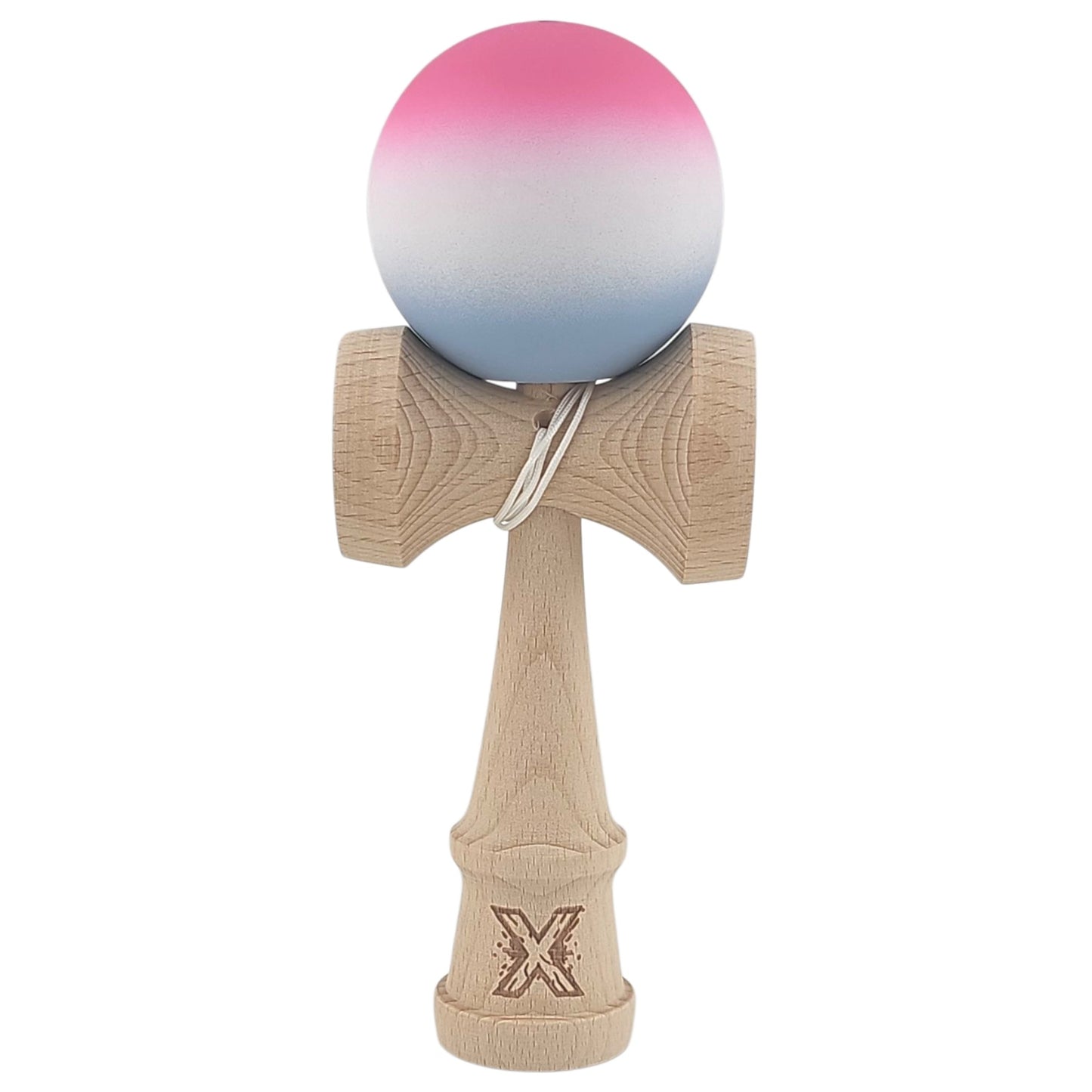 Kendama X Originala, Profesionala, Klevo, din Lemn, Rubber Grip, 18 cm, Roz/Alb/Gri