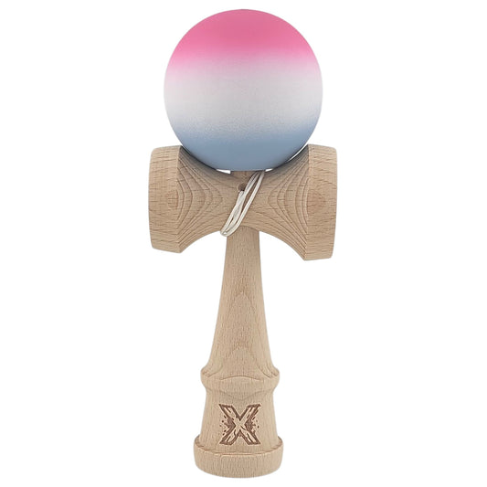 Kendama X Originala, Profesionala, Klevo, din Lemn, Rubber Grip, 18 cm, Roz/Alb/Gri