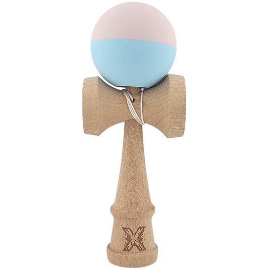 Kendama X Originala, Profesionala, Klevo, din lemn, Rubber Grip, 18 cm, Roz/Albastru