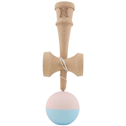 Kendama X Originala, Profesionala,  Klevo, din lemn, Rubber Grip, 18 cm, Roz/Albastru
