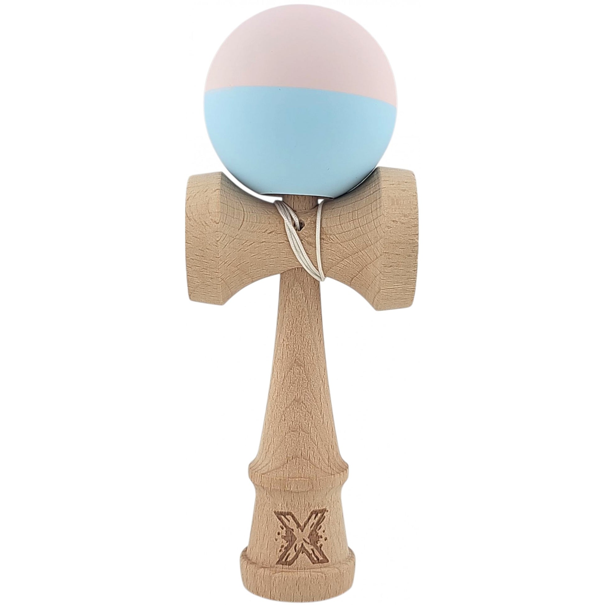 Kendama X Originala, Profesionala,  Klevo, din lemn, Rubber Grip, 18 cm, Roz/Albastru