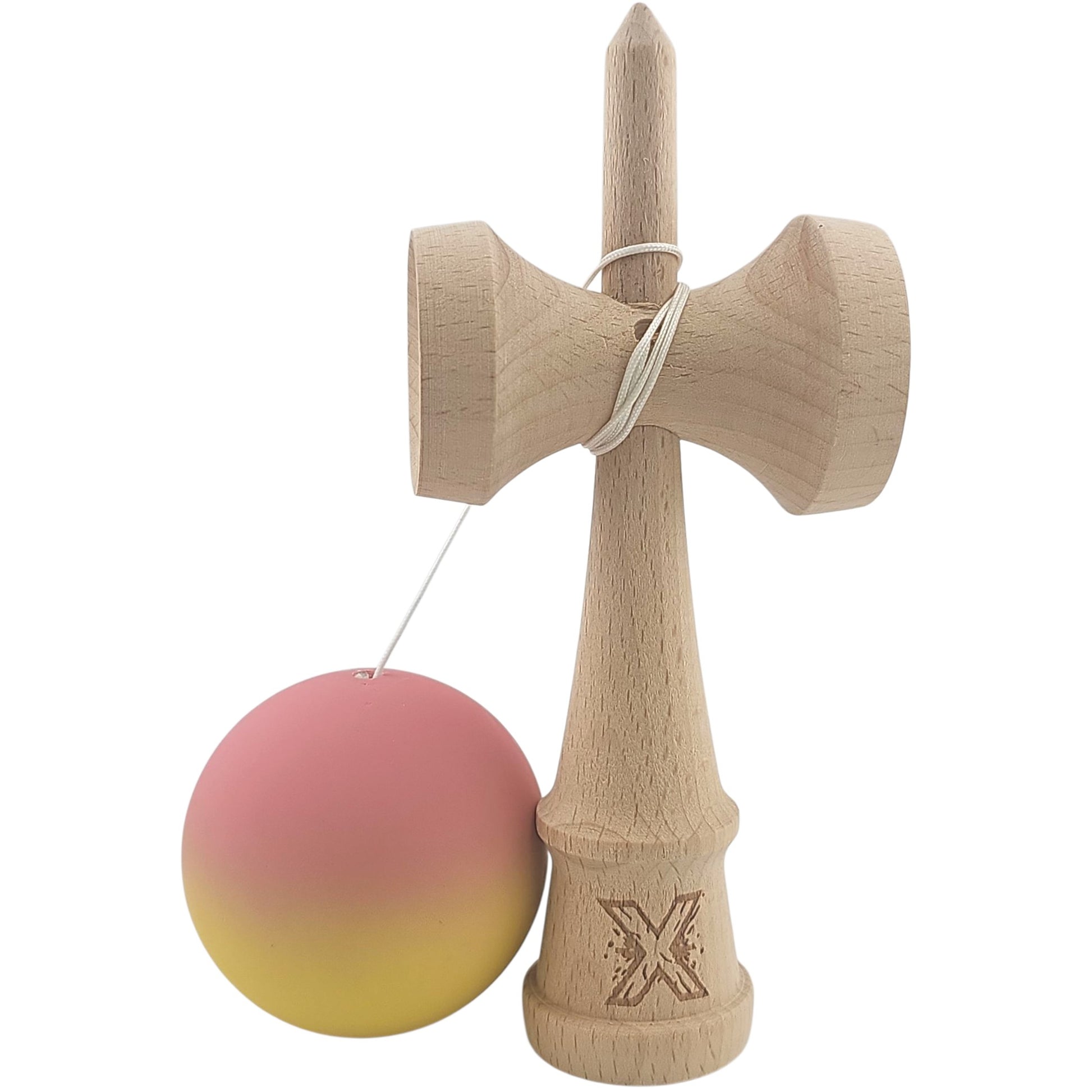 Kendama X Originala, Profesionala, Klevo, din Lemn, Rubber Grip, 18 cm, Roz/Galben