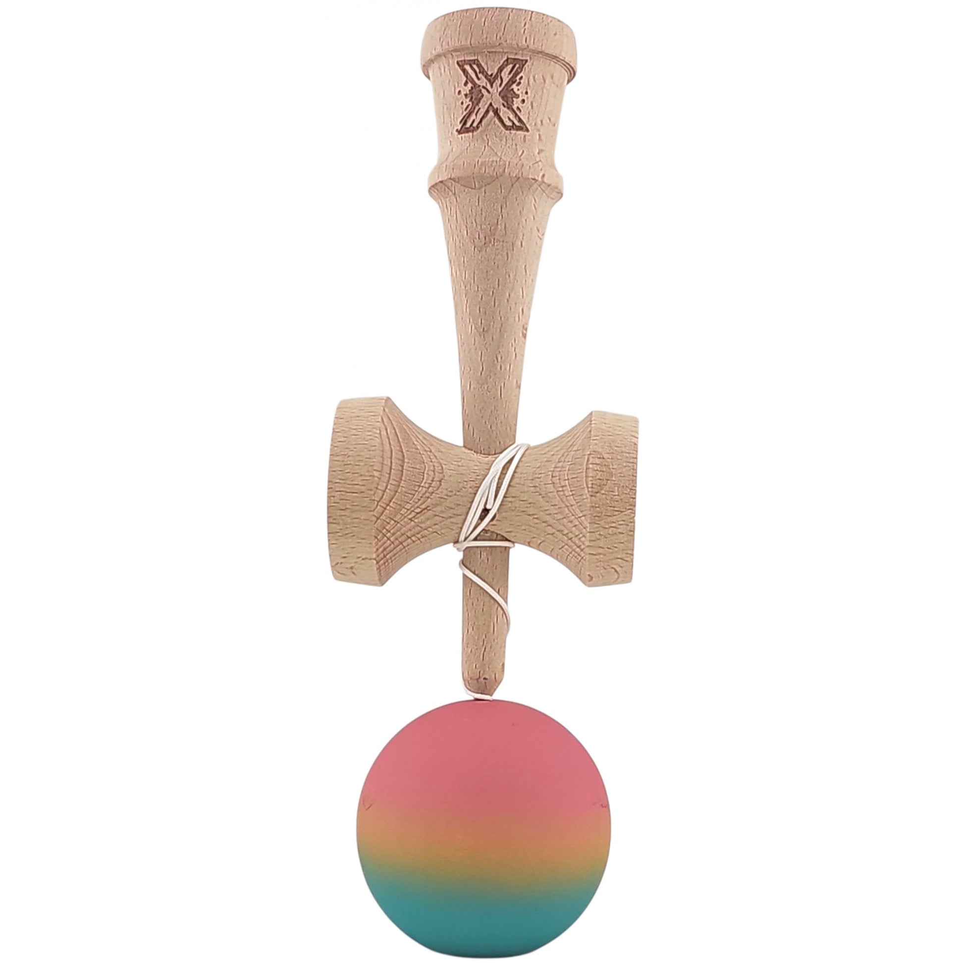 Kendama X Originala, Profesionala, Klevo, din Lemn, Rubber Grip, 18 cm, Roz/Galben/Albastru
