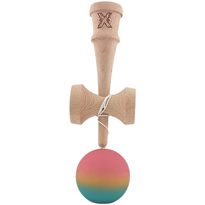 Kendama X Originala, Profesionala, Klevo, din Lemn, Rubber Grip, 18 cm, Roz/Galben/Albastru