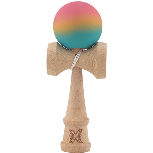 Kendama X Originala, Profesionala, Klevo, din Lemn, Rubber Grip, 18 cm, Roz/Galben/Albastru