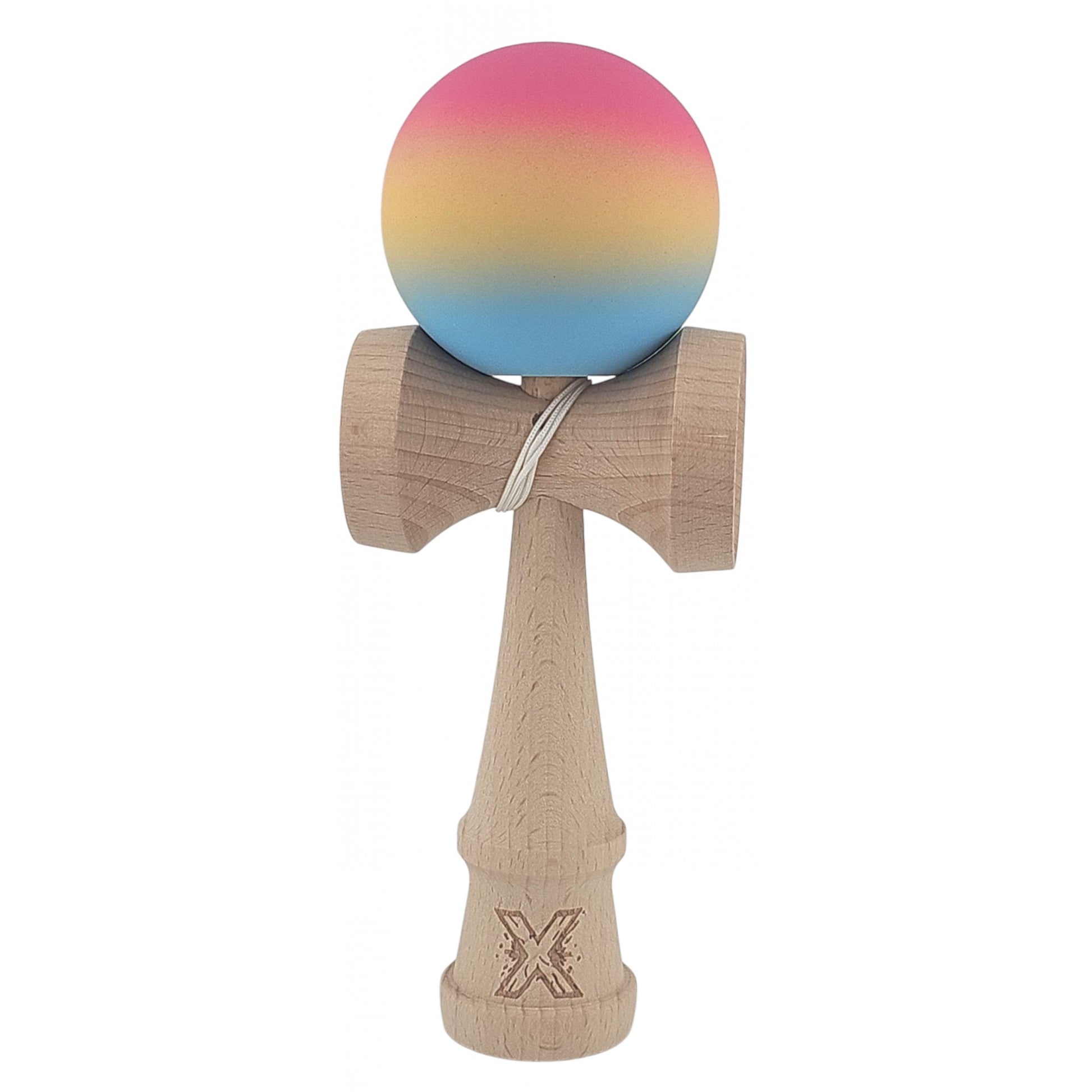 Kendama X Originala, Profesionala, Klevo, din Lemn, Rubber Grip, 18 cm, Roz/Galben/Albastru
