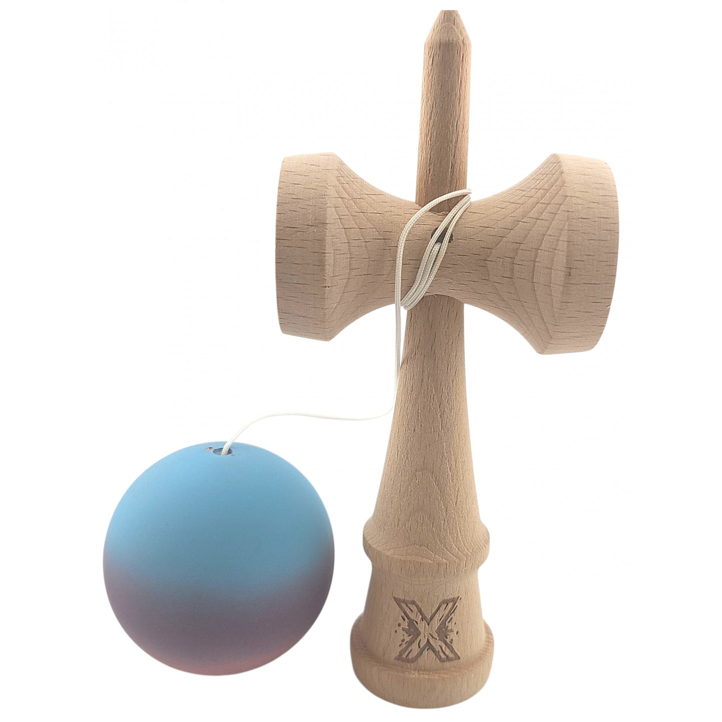 Kendama X Originala, Profesionala, Klevo, din Lemn, Rubber Grip, 18 cm, Roz/Mov/Albastru