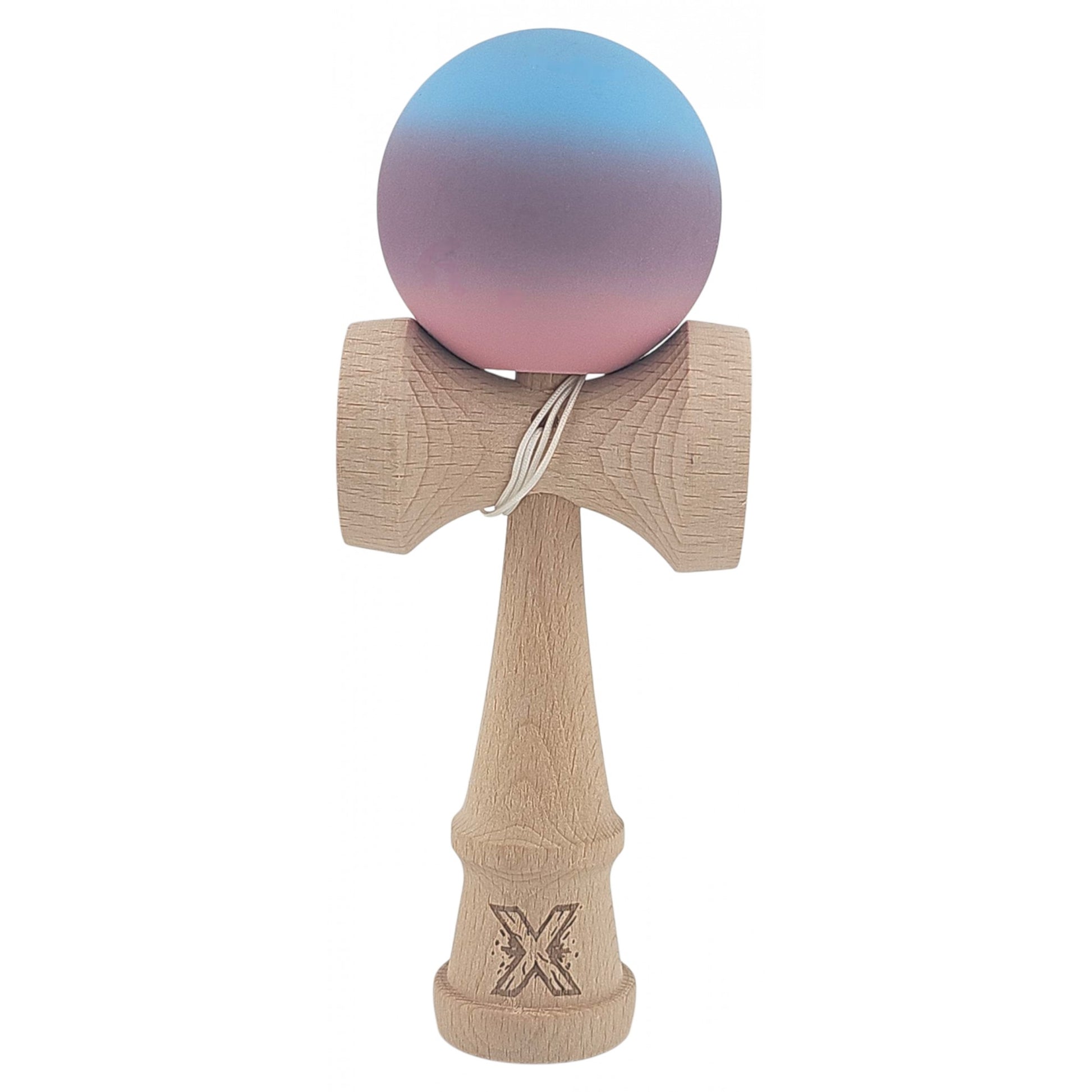 Kendama X Originala, Profesionala, Klevo, din Lemn, Rubber Grip, 18 cm, Roz/Mov/Albastru
