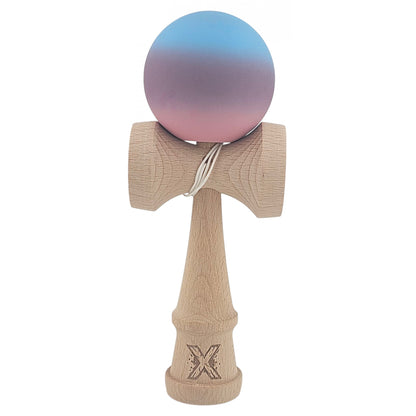 Kendama X Originala, Profesionala, Klevo, din Lemn, Rubber Grip, 18 cm, Roz/Mov/Albastru
