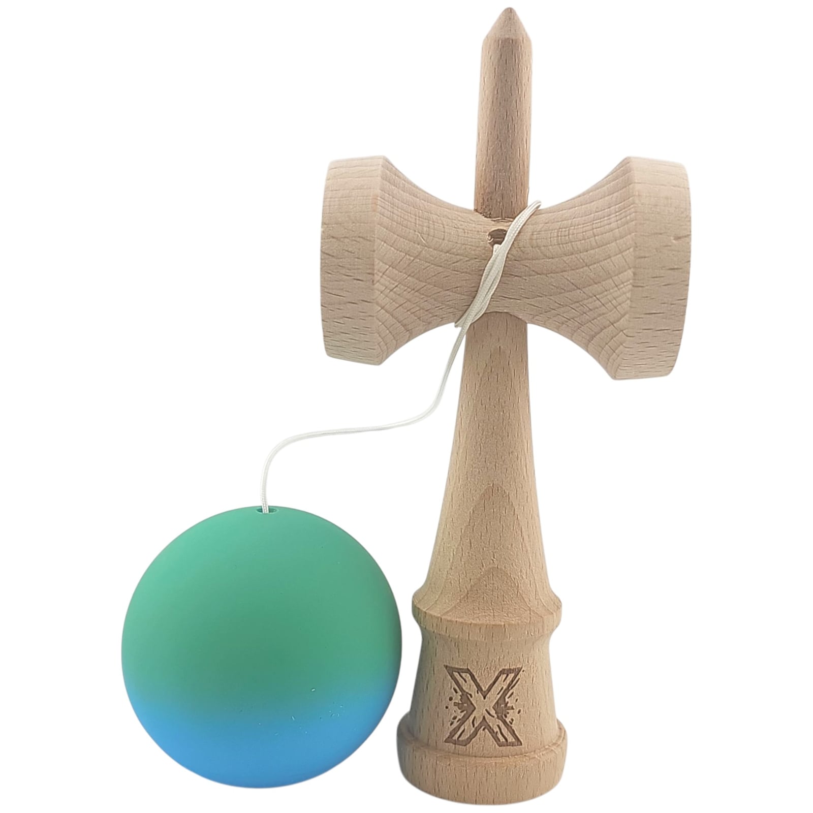 Kendama X Originala, Profesionala, Klevo, din Lemn, Rubber Grip, 18 cm, Verde/Albastru