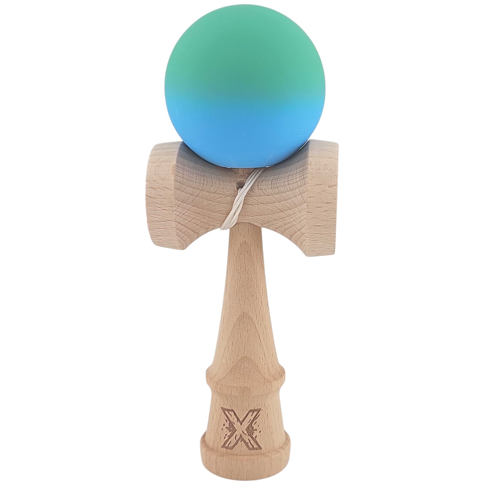 Kendama X Originala, Profesionala, Klevo, din Lemn, Rubber Grip, 18 cm, Verde/Albastru
