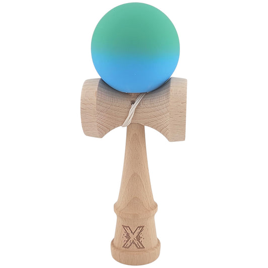 Kendama X Originala, Profesionala, Klevo, din Lemn, Rubber Grip, 18 cm, Verde/Albastru