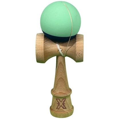 Kendama X Originala, Profesionala, Klevo, din Lemn, Rubber Grip, 18 cm, Verde deschis/Albastru