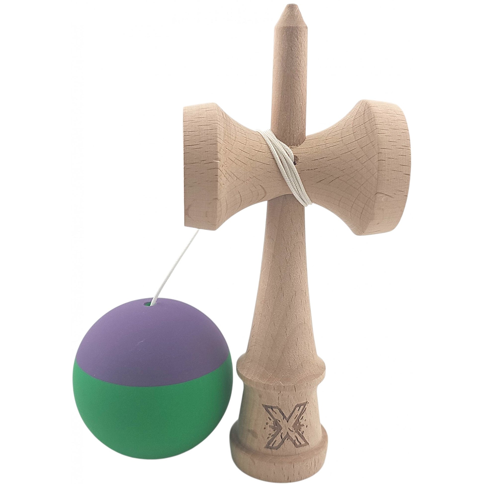 Kendama X Originala, Profesionala, Klevo, din Lemn, Rubber Grip, 18 cm, Verde/Mov