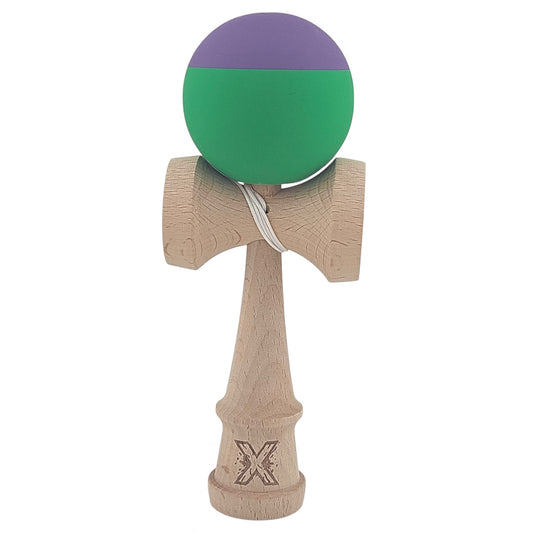 Kendama X Originala, Profesionala, Klevo, din Lemn, Rubber Grip, 18 cm, Verde/Mov
