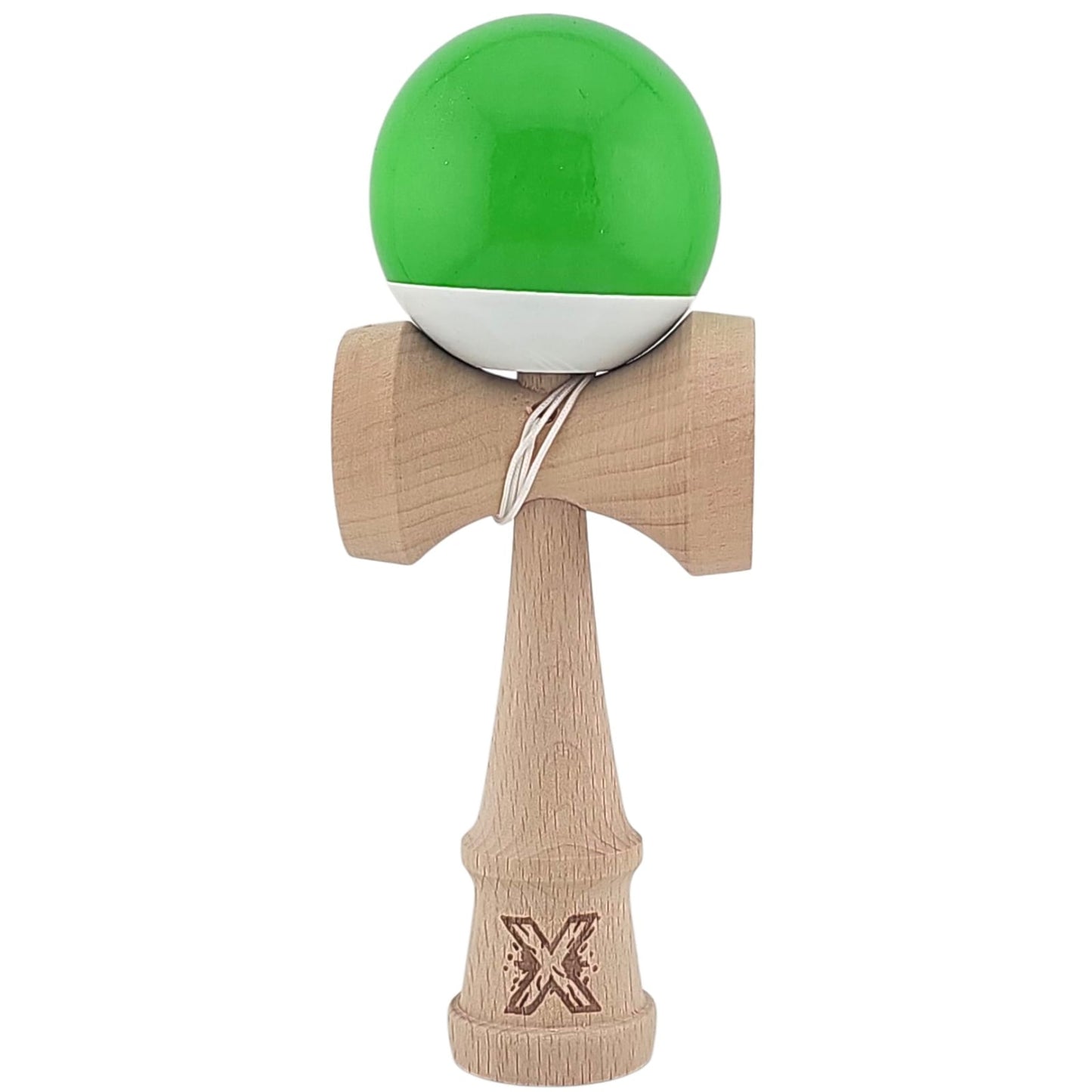 Kendama X Originala, Profesionala, Klevo, Super Sticky din Lemn, 18 cm, Verde/Alb
