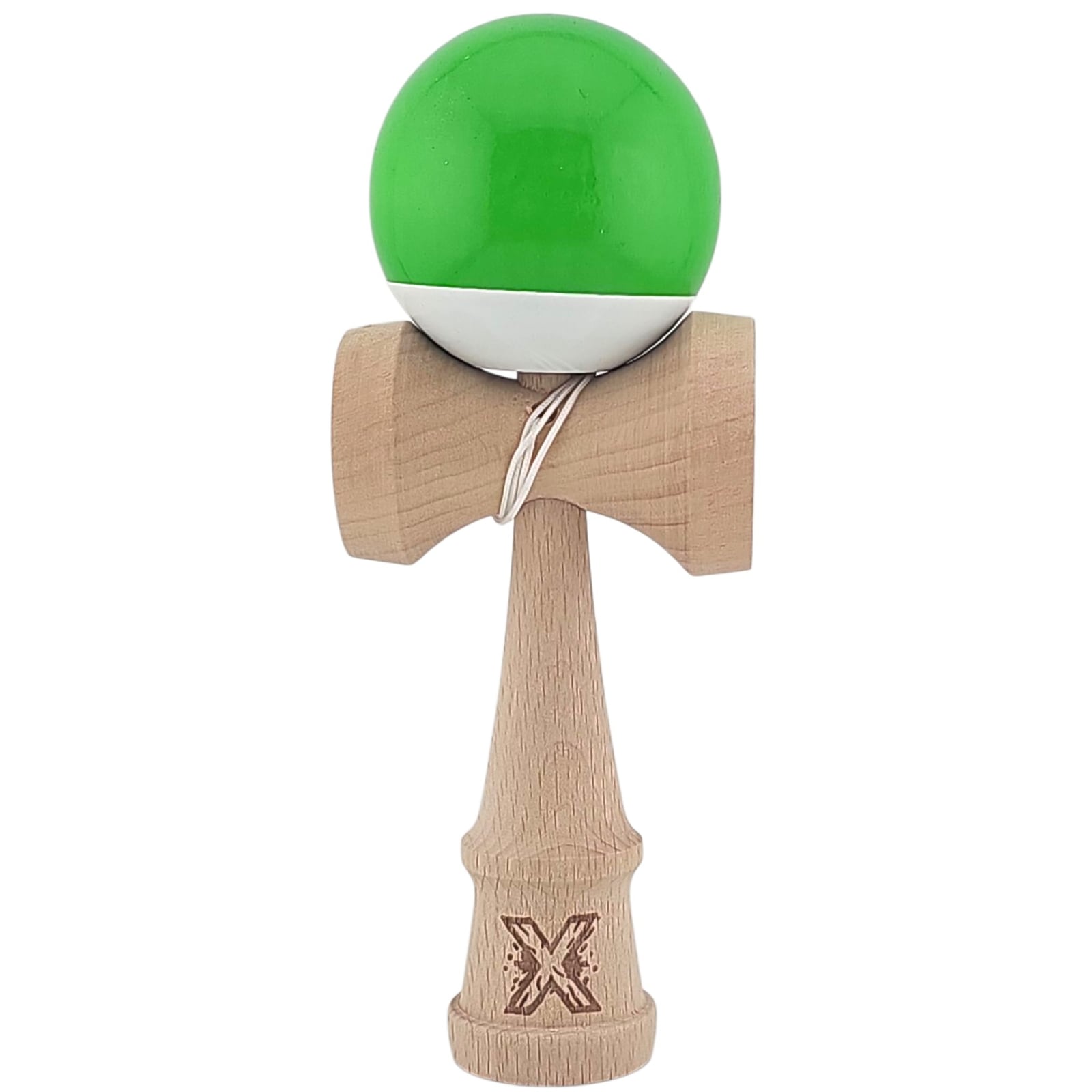 Kendama X Originala, Profesionala, Klevo, Super Sticky din Lemn, 18 cm, Verde/Alb