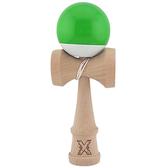 Kendama X Originala, Profesionala, Klevo, Super Sticky din Lemn, 18 cm, Verde/Alb