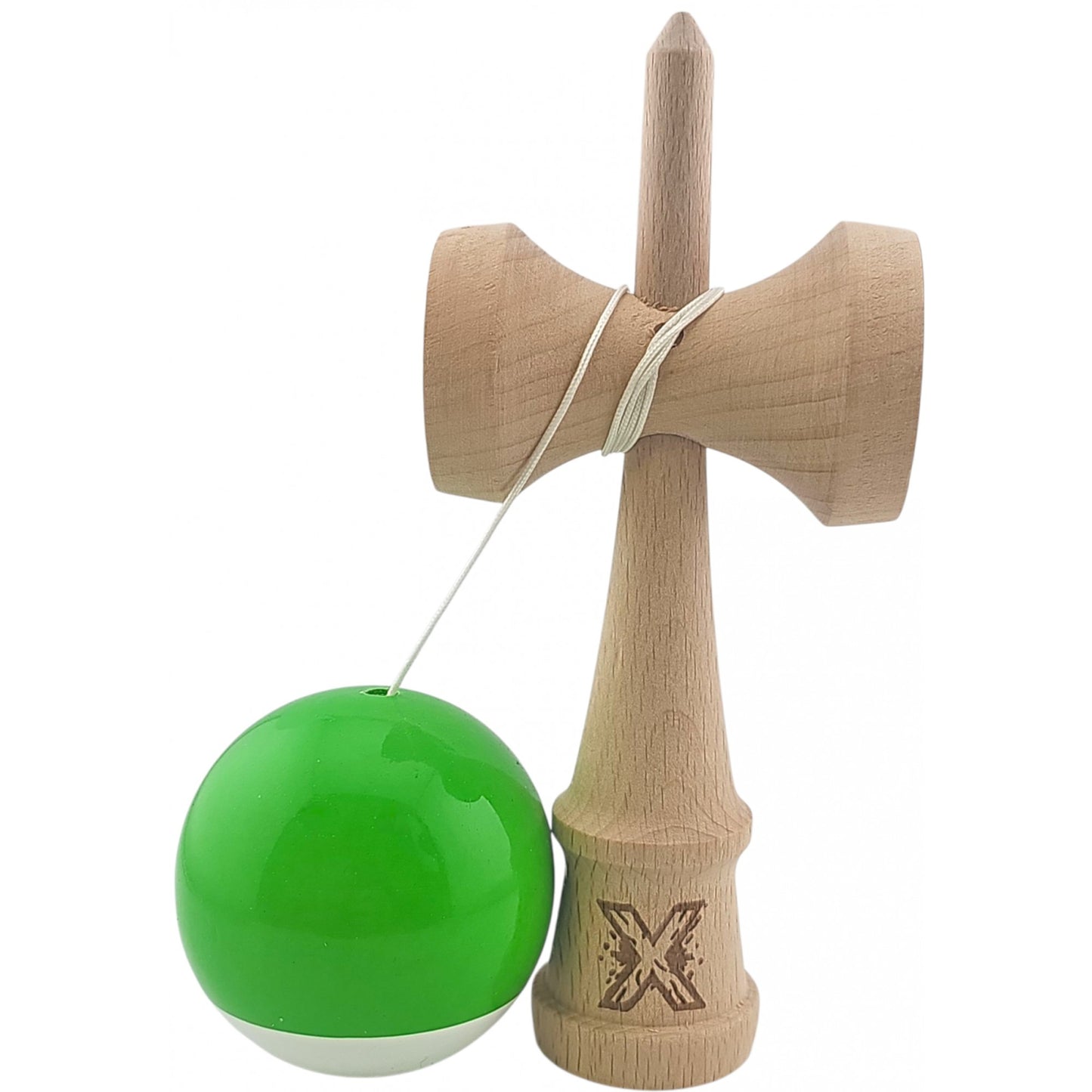 Kendama X Originala, Profesionala, Klevo, Super Sticky din Lemn, 18 cm, Verde/Alb