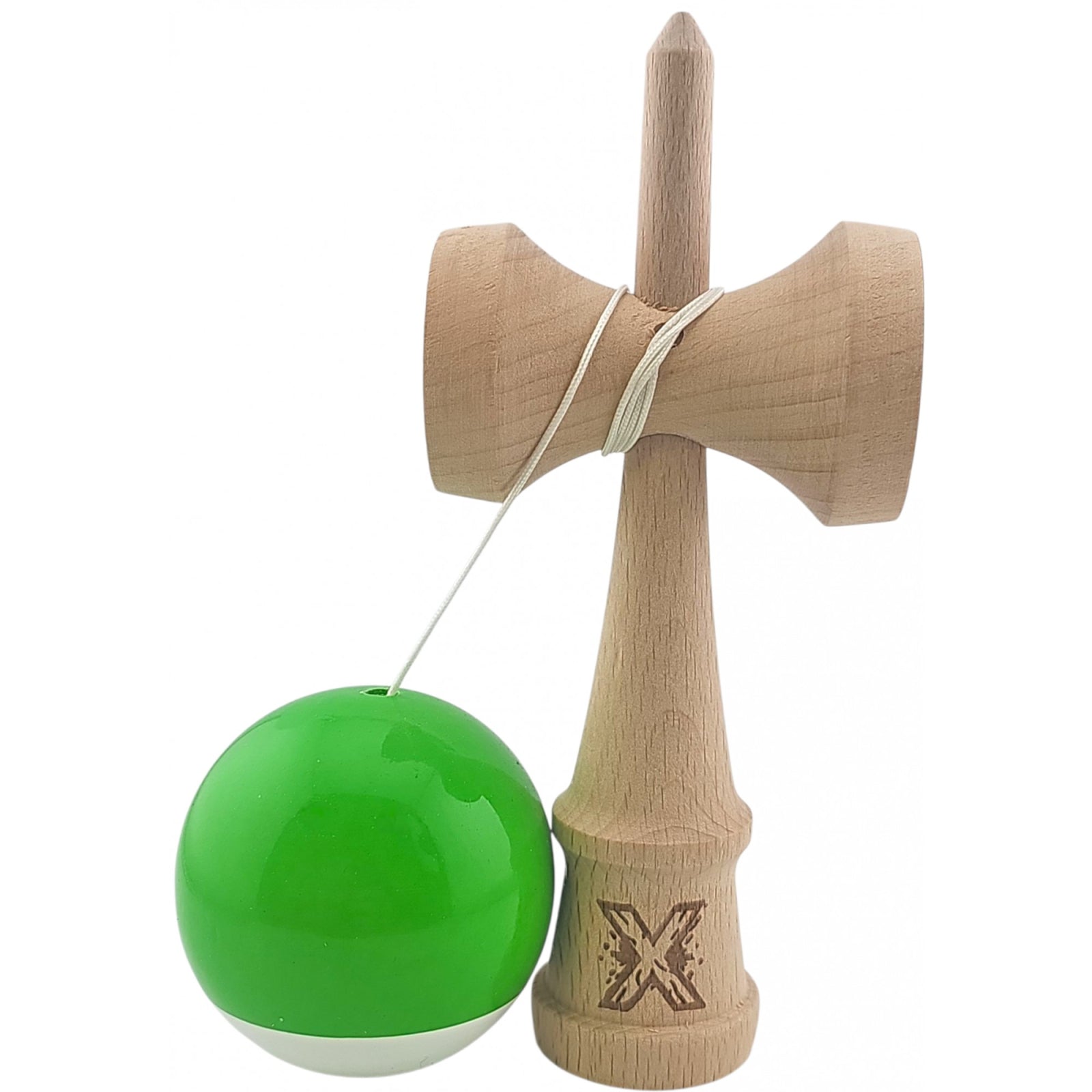 Kendama X Originala, Profesionala, Klevo, Super Sticky din Lemn, 18 cm, Verde/Alb